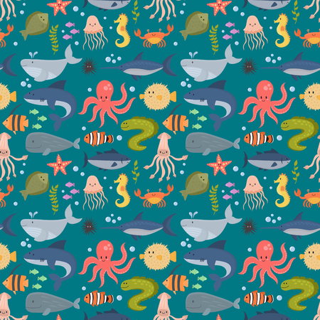 Sea animals vector creatures characters cartoon ocean wildlife marine underwater aquarium life water graphic aquatic tropical beasts seamless pattern background illustration.の写真素材