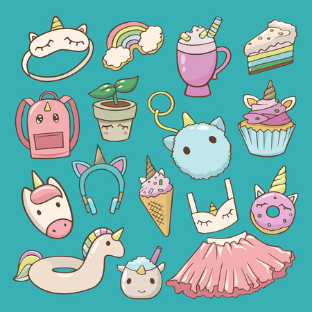 Unicorn vector cartoon kids accessories or clothing in girlish horse with horn style and colorful ponytail illustration set of fantasy child ponytailed animal backpack or skirt isolated on backgroundの写真素材