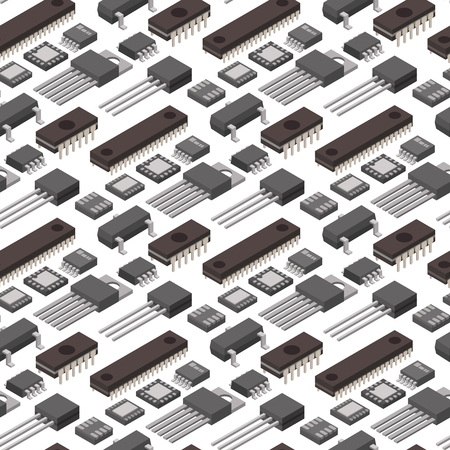 Microchip computer vector isometric chip technology processor circuit and motherboard information system illustration. Electronic board energy microprocessor electricity seamless pattern backgroundのイラスト素材