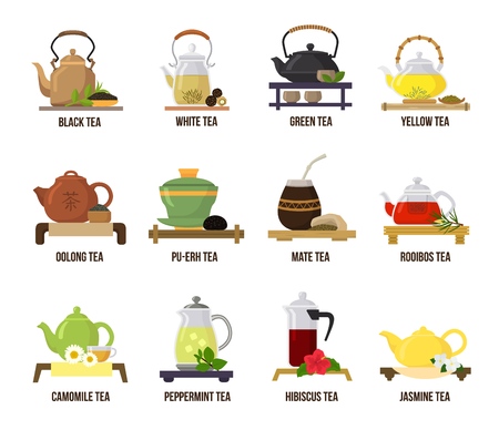 Tea vector green or black-tea in teapot illustration drinking set of jasmine and rooibos fruity drinks on teatime in cafe isolated on white background.のイラスト素材
