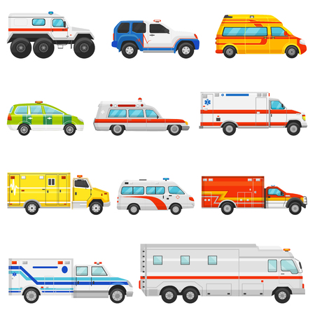 Emergency vehicle vector ambulance transport and service truck illustration set of rescue cmedical car and minibus or van isolated on white background.のイラスト素材