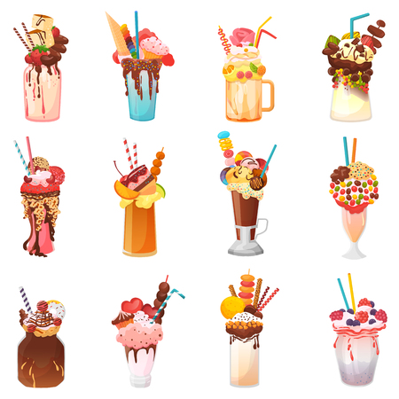 Milkshakes vector healthy ice-cream drink in glass or fresh milk beverage mix in bottle illustration set of icecream juice in glassful or jar isolated on white background.のイラスト素材