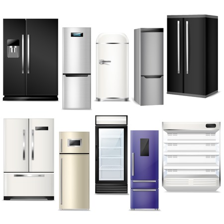 Fridge vector refrigerator or freezer and refrigeratory equipment in kitchen illustration set of refrigerant household appliance isolated on white background.のイラスト素材