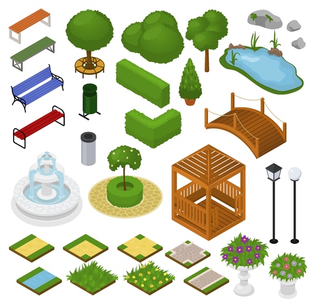 Park vector parkland with green garden trees grass and fountain or pond in city illustration set of isometric parkway in cityscape or landscape isolated on white background.のイラスト素材