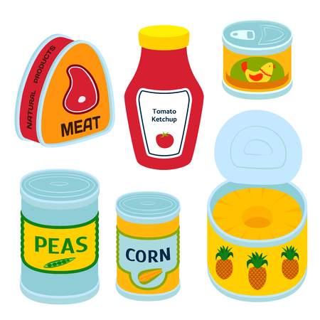 Collection of various tins canned goods food metal container grocery store and product storage aluminum flat label conserve vector illustration. Meal steel cylinder nutrition.のイラスト素材
