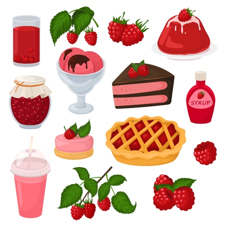 Raspberry vector berrying ripe red berry for fresh juice or juicy jam and sweet dessert cake with ice cream illustration berrylike set of healthy diet food isolated on white background.のイラスト素材