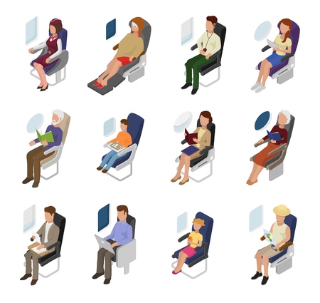 Airplane passenger vector people businessman woman character sitting in plane near window illustration flight set of person man kid on board seat travelling in aeroplane isolated on white backgroundのイラスト素材