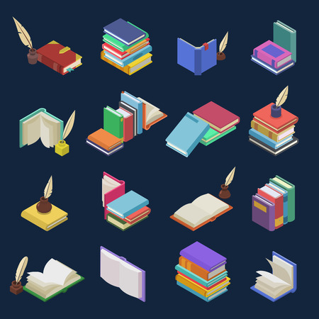 Books vector stack of textbooks and notebooks on bookshelves in library or bookstore illustration isometric set of bookish cover of school literature isolated on backgroundの写真素材