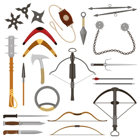 Throwing weapon vector crossbow sharp arrows and knife or axe illustration weaponry set of ninja-kunai or shuriken and harpoon of handle armour equipment isolated on white backgroundのイラスト素材