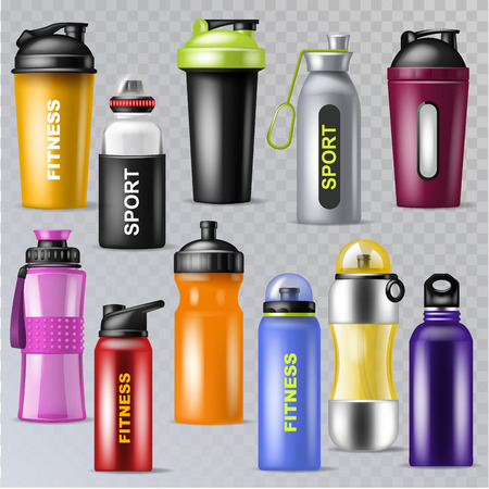 Sport bottle vector sportive water bottled drink thermo and fitness plastic energy beverage illustration sporting set of bottling flask isolated on transparent backgroundのイラスト素材