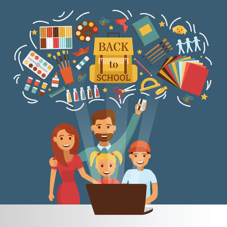 School supplies vector education schooling accessory for schoolchilds backdrop family dad mom with kids buying stationery for studying back to school illustration background.のイラスト素材