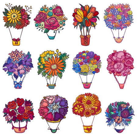 Bouquet aerostat vector beautiful floral air-balloon gift with blossom flowers illustration flowering set of flowery rose tulip on valentine birthday holiday isolated on white background.のイラスト素材