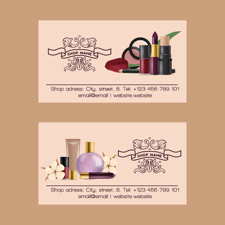 Cosmetic vector business card beauty make up cosmetology for beautiful woman with makeup foundation powder or eyeshadow illustration set of business-card cosmetician accessories background.のイラスト素材