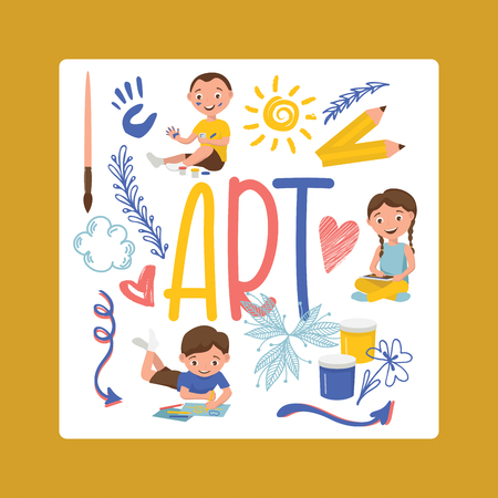 Drawing kids vector boy girl character painting in childish art-school with artist tools paint brushes palette for color paints children artwork backdrop illustration childly sketch background.のイラスト素材
