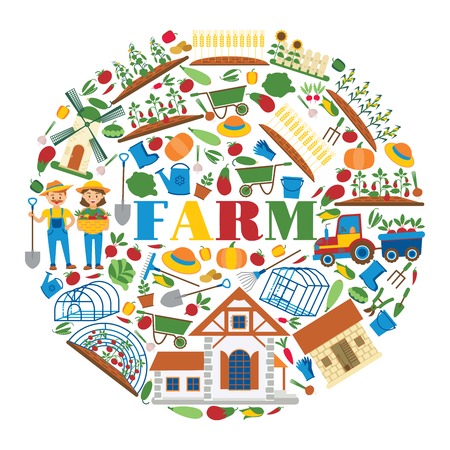 Farm vector farming house gardening backdrop farmer man gardener woman character and farms natural products organic food illustration healthy vegetables in gardenhouse background.のイラスト素材