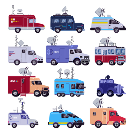 Broadcast vehicle vector TV broadcasting car with antenna satellite media and television van transport illustration set of breaking live news technology auto isolated on white background.のイラスト素材