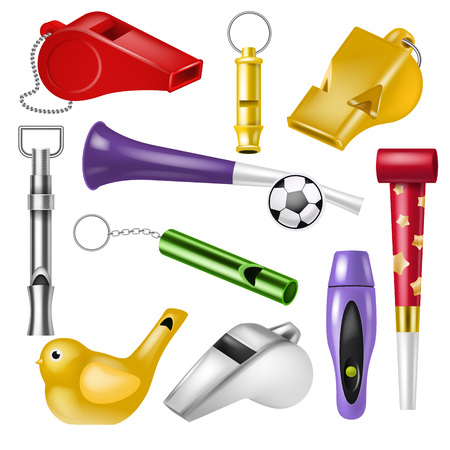 Whistle vector coach whistling sound tool and fan blowing equipment of referee judging game illustration set of trainer whistle-blowing on sport competition isolated on white background.のイラスト素材
