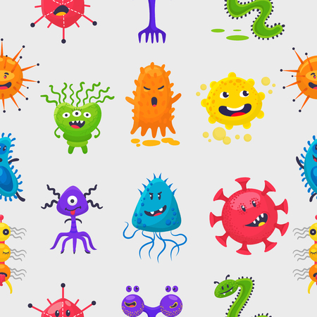 Viruses vector cartoon bacteria emoticon character of bacterial infection or ilness in microbiology illustration set of microbe organism emotions isolated on white background pattern.のイラスト素材