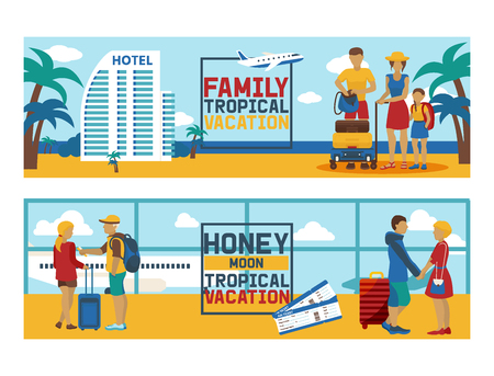 Vacation vector traveling people traveler man woman character on holidays illustration backdrop family journey lifestyle sea beach tour hotel background.のイラスト素材