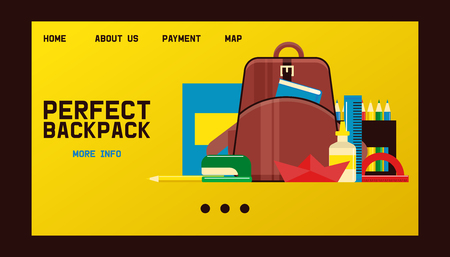 School supplies vector education schooling accessory for schoolchilds landing web page backdrop educational stationery for studying in classroom illustration web-page background.のイラスト素材