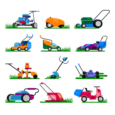 Lawn mower vector gardening lawnmower electric equipment machine and garden mowing trimmer illustration machinery set of power tools lawn-mower isolated on white background.のイラスト素材