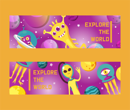 Monster alien set of banners vector illustration. Cartoon monstrous character, cute alienated creature or funny gremlin on halloween for kids. Spacecraft in cosmos among stars. Explore the world.のイラスト素材
