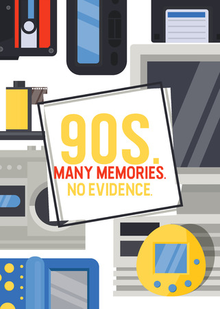 90s devices banner, poster vector illustration. Old technologies such as cassette, camera, floppy...