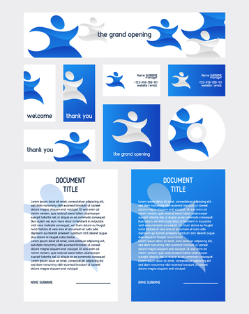 Abstract people set of templates for different documents, banners, posters, business cards, disk. The grand opening, welcome, thank you. Company design. Contact information. Person in motionのイラスト素材