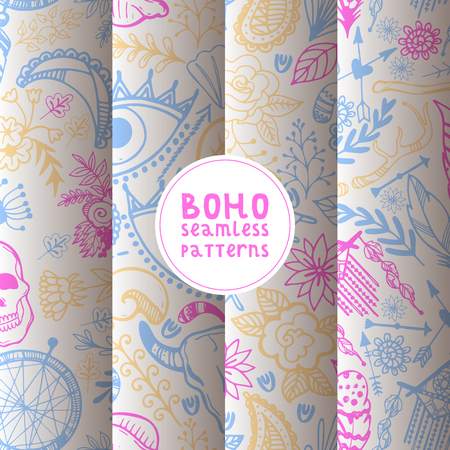 Boho hand drawn seamless pattern vector illustration. Dream catcher amulet, scull, plants such as flowers with leaves, branch, arrows with heart, moon, feather, ethnic tribal eyes for textile, cover.のイラスト素材