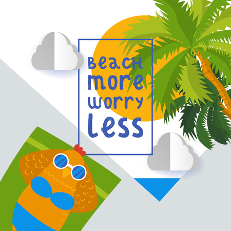 Chicken or hen on beach poster, banner vector illustration. Cartoon pullet in swimsuit and glasses sunbathing on green towel under sun near palms. Beach more worry less. Relaxation and rest.のイラスト素材