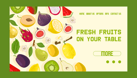 Tropical fruits shop banner web design vector illustration. Exotic summer products such as mangosteen, kiwi, dragonfruit, watermelon. Halves and whole fruits. Fresh fruits on your table.のイラスト素材