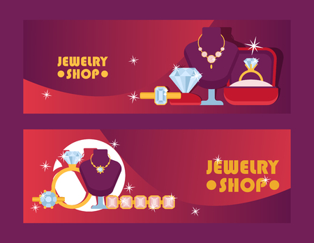 Jewelry shop set of banners vector illustration. Diamond accessories. Engagement rings in box, gold necklaces, bracelet, charms, brilliants. Fashion store. Expensive decor for woman.のイラスト素材