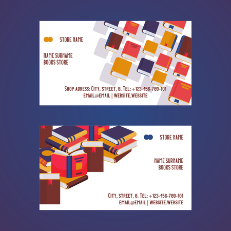 Book store set of business cards vector illustration. Pile of books, open and closed. Knowledge, learning and education. Studying literature. Reading concept. Contact information. Email, website.のイラスト素材