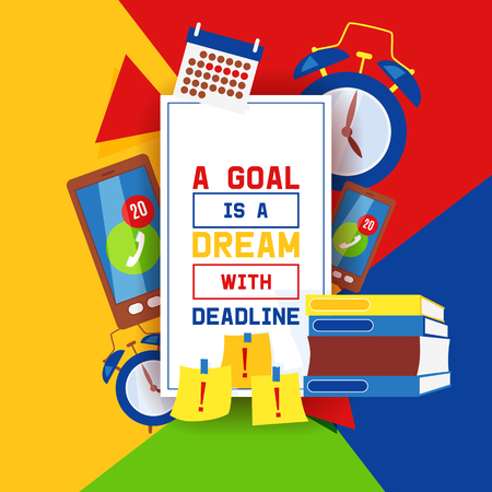 Work and stress factors icons banner vector illustration.Health problems. Clock, pile of books, calendar, ringing mobile phone, deadlines at work. Goal is dream with deadline. Slipped calls.のイラスト素材