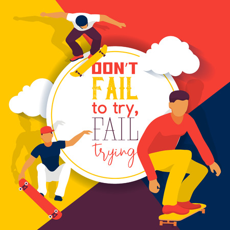Skateboard school banner web design cards vector illustration. Teenagers riding and doing tricks, jumping on skate. Spending free time. Active hobby. Don t fail to try, fail trying. Spory boys.のイラスト素材