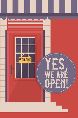 Front door for houses and buildings banner, poster vector illustration. Interior wooden door withh glass window with welcome sign. Yes, we are open. Entrance to shop or store.のイラスト素材