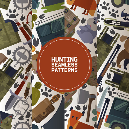 Hunting equipment set of seamless patterns vector illustration. Hunter accessories such as  car, rifle gun and carbine with arbalest crossbow, trap for wild animals, knife, axe.のイラスト素材