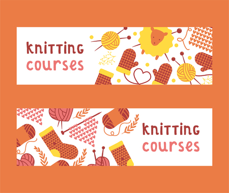 Handknitting courses set of banners vector illustration. Needle, tangle of thread. Making clothes by handknit, needlework sewing ball of material. Organic wool. Sheep mittens socks. Heart shape.のイラスト素材