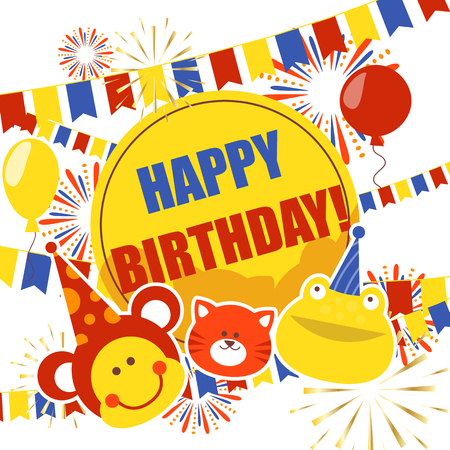 Happy birthday badges banner, poster vector illustration. Balloons, salute cat present gift frog monkey colorful flags. Party decoration. Holiday for children. Happiness. Kid celebration.のイラスト素材