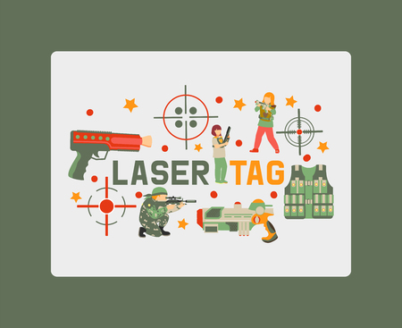 Laser tag game banner, poster vector illustration. Gun, optical sight, trigger, vest, attachment rail. Game weapons. Child pistols. Spending free time. Playing with ray guns.のイラスト素材
