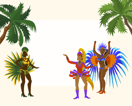 Carnaval frame for photos banner vector illustration. Carnival dancing girls in festive costume from rio de janeiro with colorful ostrich feather and crystals among palm trees.のイラスト素材