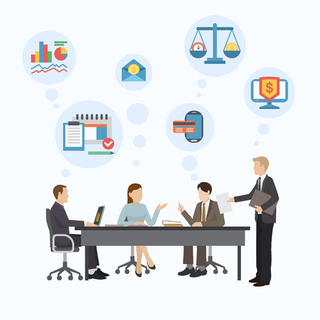 Financial consulting group poster, banner vector illustration. Business concept for team to analyze audit, finding solutions to financial tax, data in various fields. Teamwork.のイラスト素材