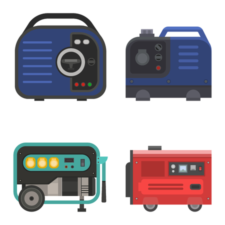 Generator vector power generating portable gasoline petrol fuel energy industrial electrical engine equipment illustration set of diesel industry isolated on white backgroundのイラスト素材