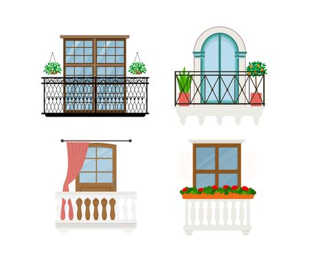 Balcony vector vintage balconied railing windows facade wall of building illustration set of beautiful architecture decor window-pane facade isolated on white backgroundのイラスト素材