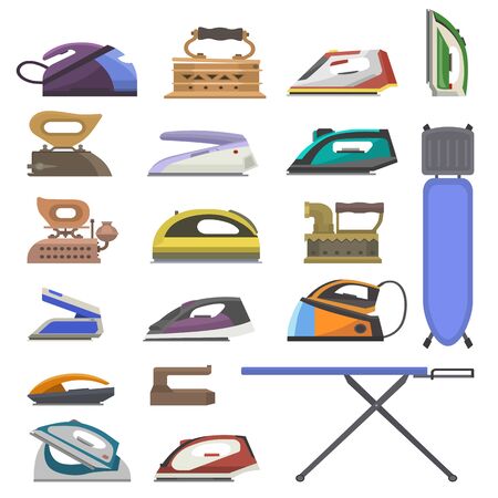 Iron vector ironing electric household appliance of laundry housework illustration irony housekeeping set of hot irony steam equipment ironing board isolated on white backgroundのイラスト素材