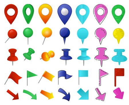 Map pointer vector location pin marker sign navigation icon colorful place point design illustration set of arrowheaded mark button flag arrow in gps direction isolated on white backgroundのイラスト素材