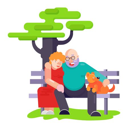 Old people pensioners play with best friend pet character dog or puppy illustration. Family playing with doggie animal on white background. Dog-breeding people together in park outdoor, happy timeのイラスト素材