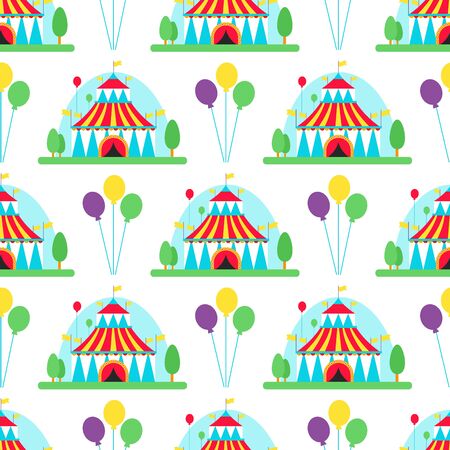 Circus show entertainment tent marquee outdoor festival with stripes flags carnival seamless pattern background illustration.の写真素材