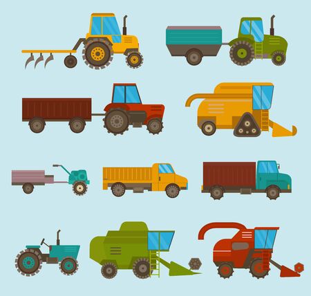 Different types agricultural vehicles and harvester machine, combines and excavators. Icon set agricultural harvester machine with accessories for plowing, mowing, planting and harvestingの写真素材