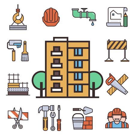 Construction linear icons universal building elements and worker equipment flat industry tools illustration.の写真素材